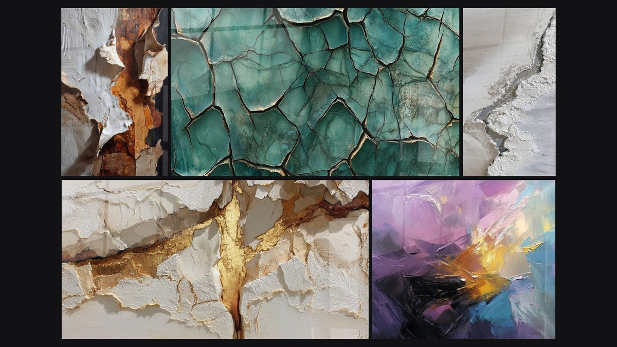 Mosaic of five paintings, including Fractured Earth and Abstract colorful explosion