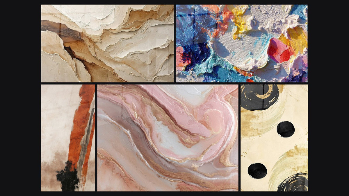 Mosaïque de cinq tableaux, dont Abstrait Beige et Terre, Équilibre Sphère Noir et Peinture abstraite