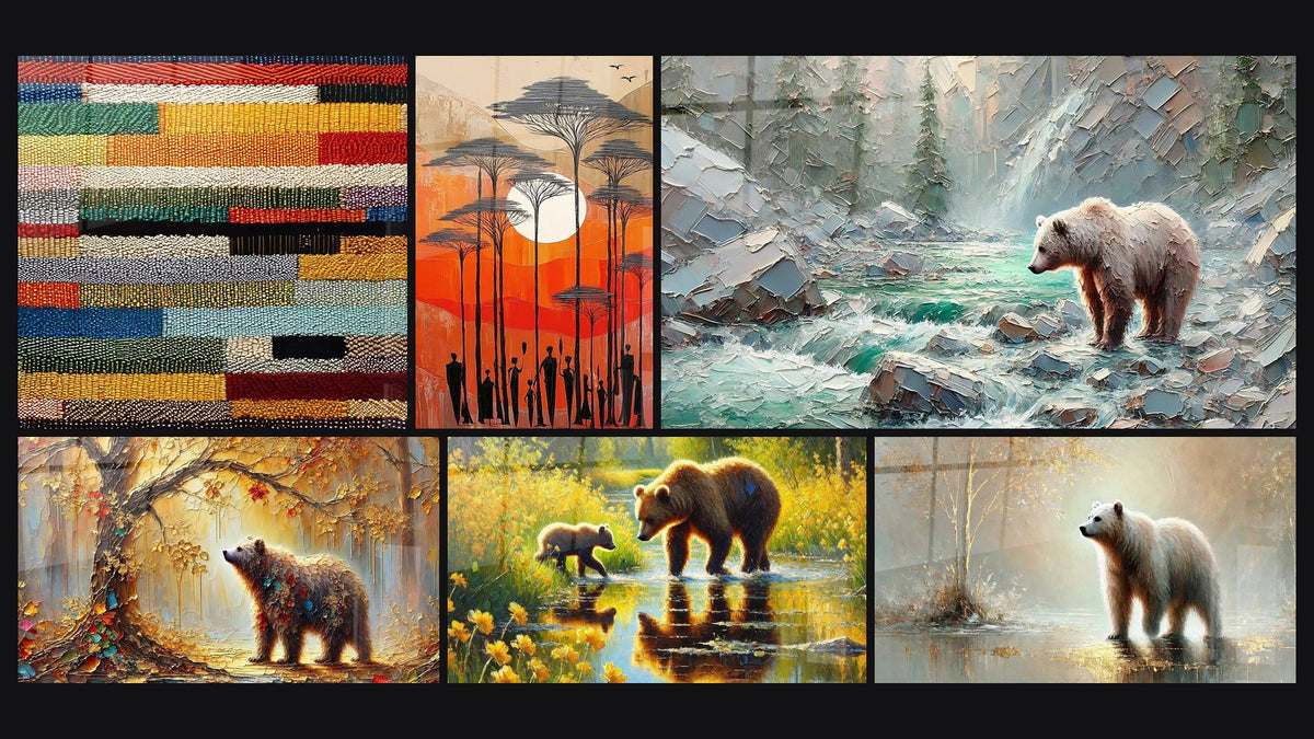 Mosaico di sei quadri, tra cui Tavola di bande tessili colorate, Tramonto Africano e Rive del Silenzio