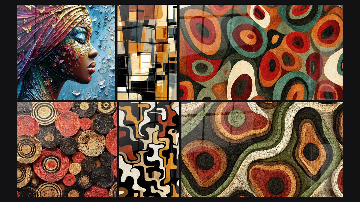 Mosaico de seis cuadros, entre ellos Mujer Transformación Alada, Cestas Africanas Trenzadas y Abstracto geométrico