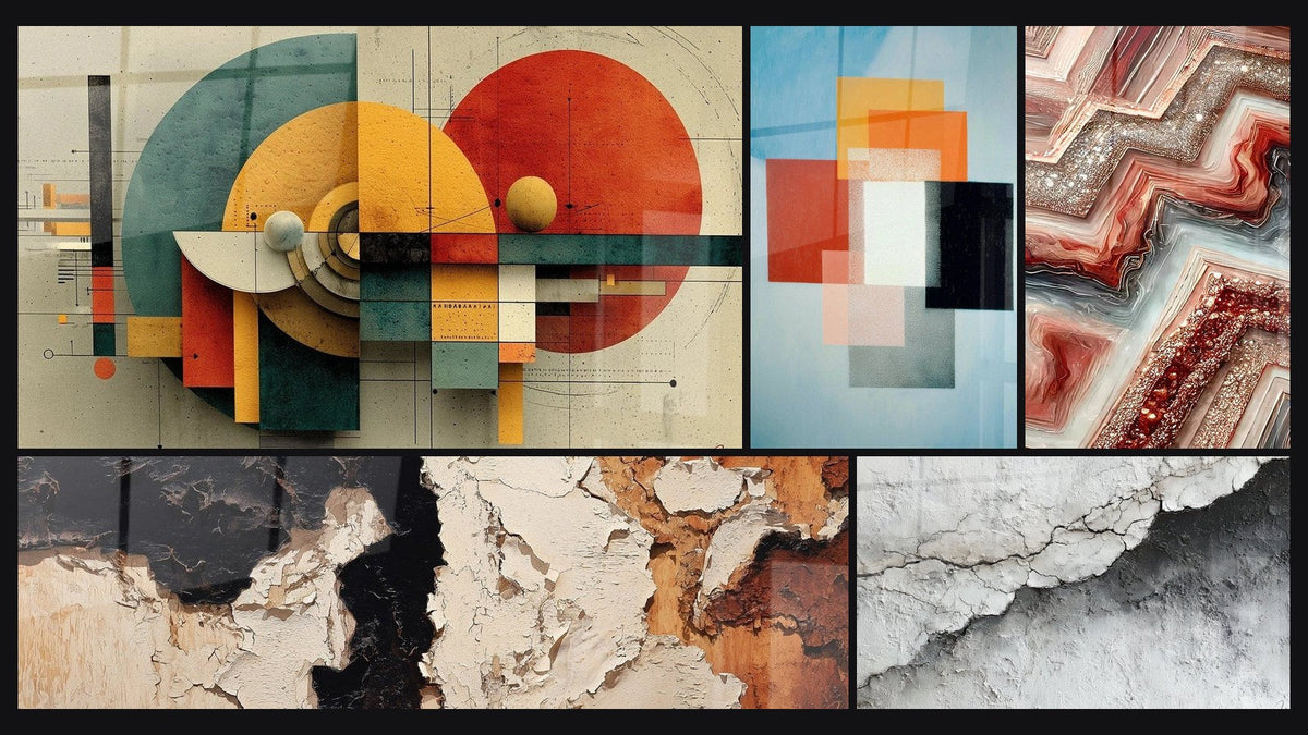 Mosaico de cinco cuadros, entre ellos Geométrico Revolución Circular y Formas Geométricas Contraste Funcional