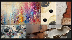 Mozaïek van vijf schilderijen, waaronder Mozaïektafel van Bollen, Abstract geometrische compositie en Evenwicht Zwarte Bol