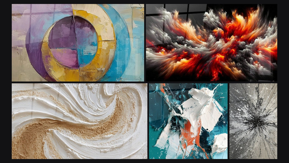Mosaico di cinque quadri, tra cui Con cerchi concentrici colorati e Bianco Splendente e Mandarino in Rilievo
