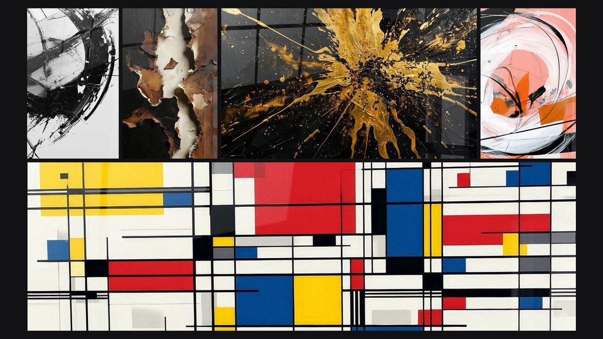 Mosaik aus fünf Gemälden, darunter Der Bruch der Zeit und Geometrische Komposition