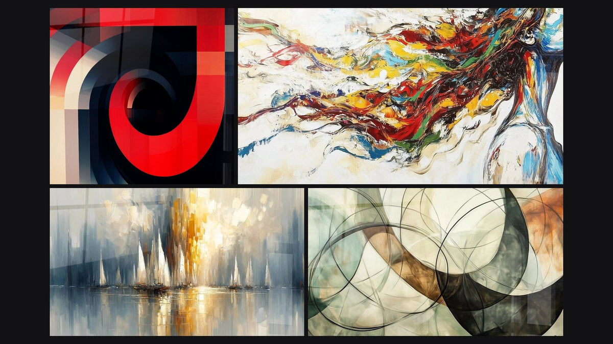 Mosaïque de quatre tableaux, dont Spirales concentriques rouge et noir, Aurore sur la Baie et Muse Moderne