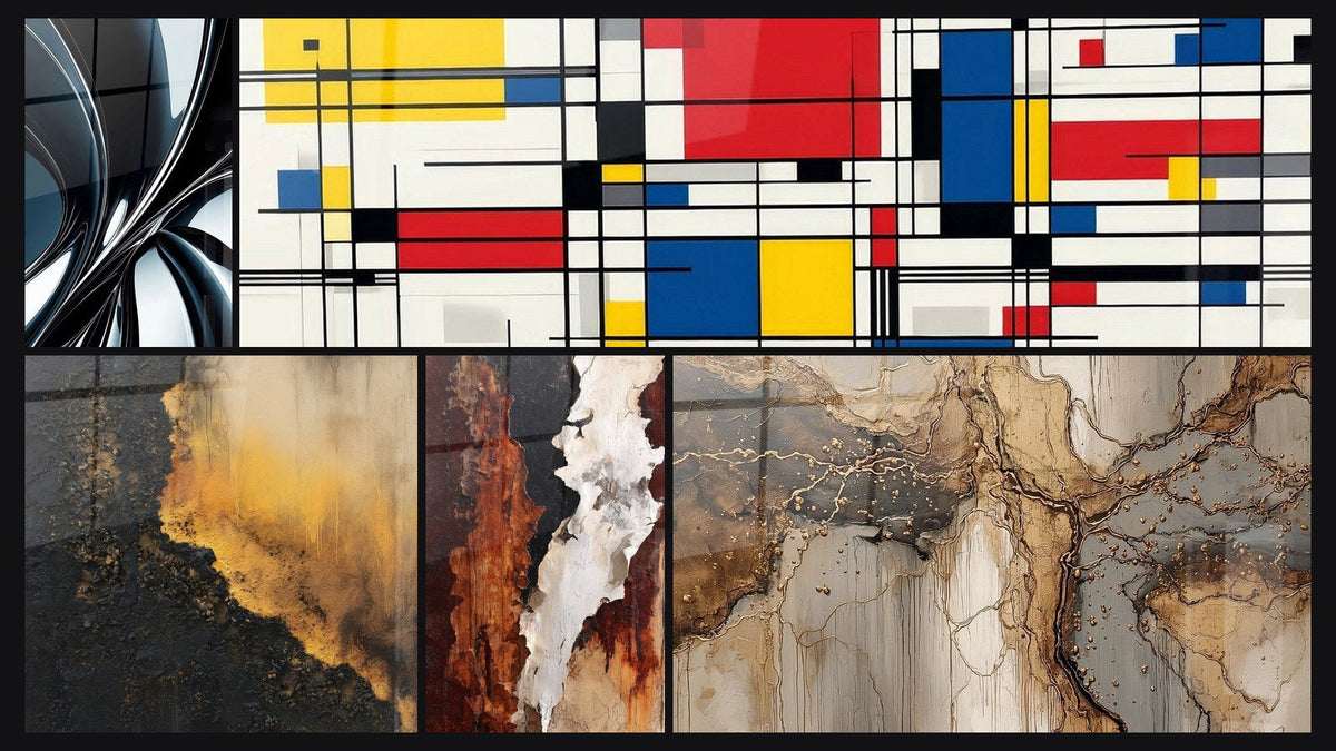 Mozaïek van vijf schilderijen, waaronder Tafel geometrische compositie