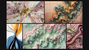 Mosaic of five paintings, including Dynamic Colored Flows, Wave Copper and Emerald Mist