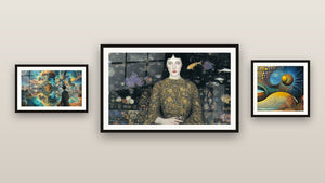 Gallery wall with three framed paintings: Woman Inner Cosmos, Man with Hat Cosmos Disrupted and Mystic cosmos
