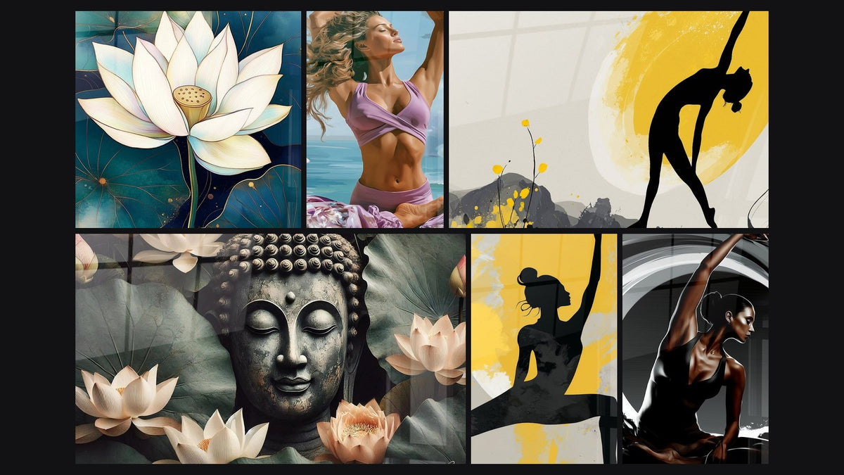 Mosaïque de six tableaux, dont Lotus grâce pure, Sérénité en Fleur et Silhouette noire aux éclaboussures jaunes