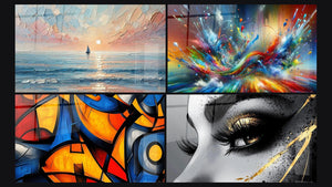 Mosaico de cuatro cuadros, entre ellos Viaje al Crepúsculo, Abstracto Big Bang Explosivo y Formas geométricas coloridas