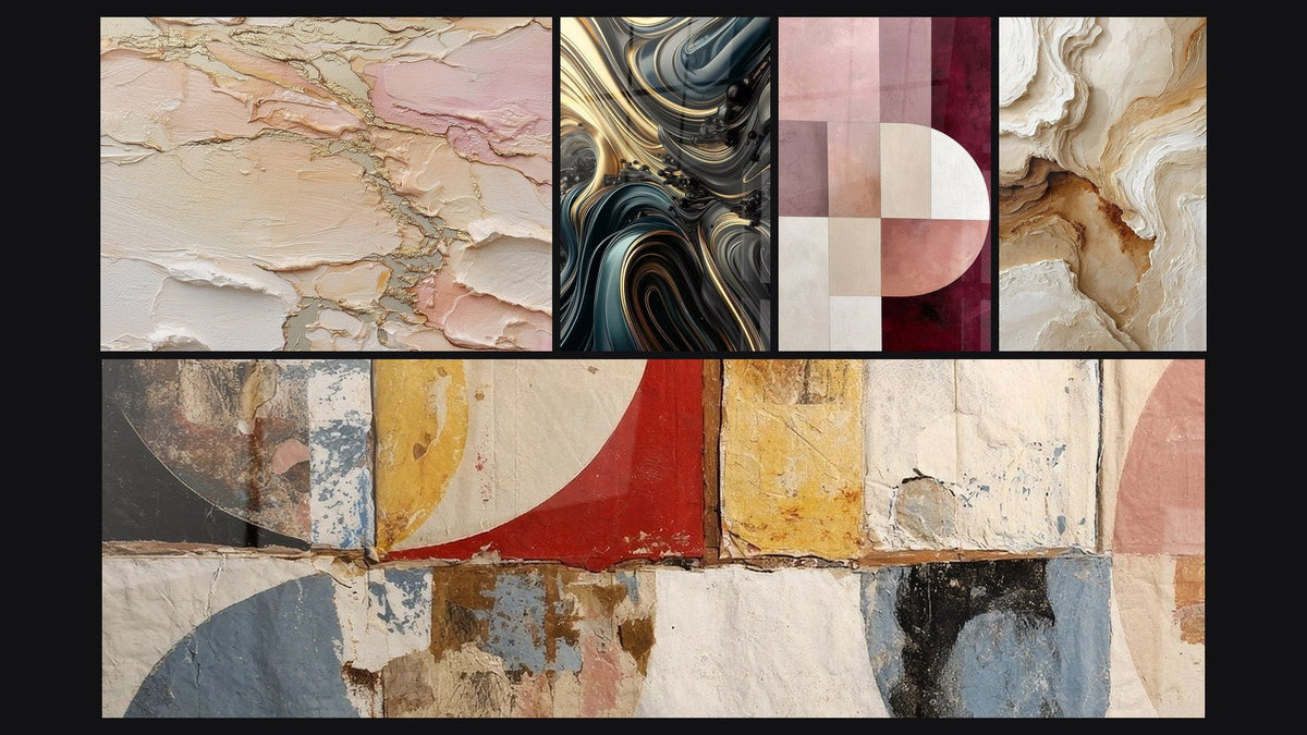 Mosaik aus fünf Gemälden, darunter Opulente Wellen und Geometrische abstrakte Formen