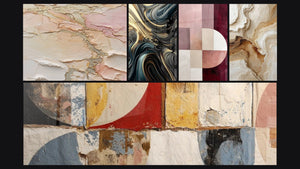 Mosaico de cinco cuadros, entre ellos Abstracto texturizado beige rosa dorado y Ondulaciones Opulentas