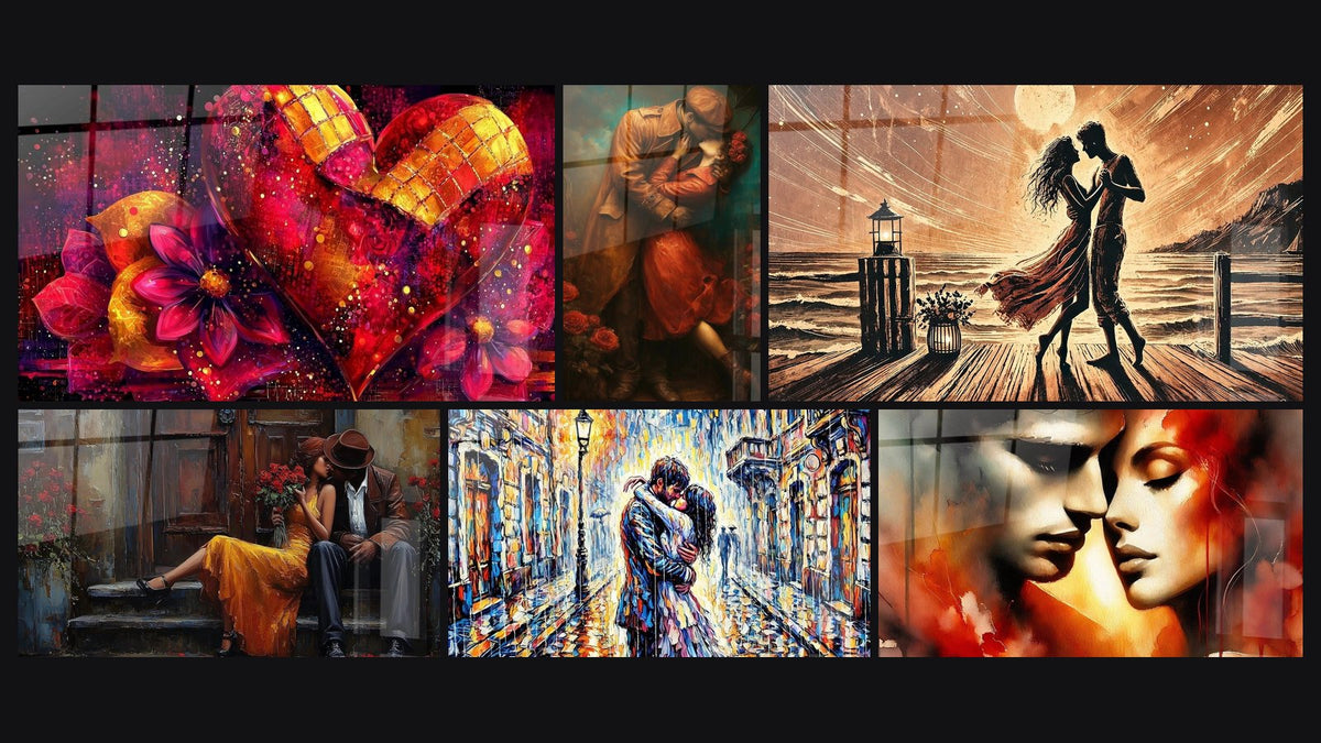 Mosaic of six paintings, including Mosaic of Love Heart and Couple The Waltz of Entwined Hearts