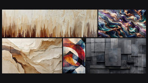 Mosaico de cinco cuadros, entre ellos Abstracto Beige y Tierra, Formas geométricas circulares y Serenata Mineral