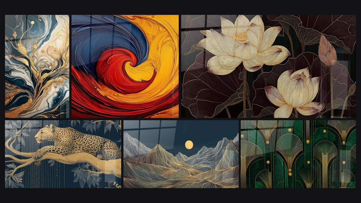 Mosaïque de six tableaux, dont Arbres d'Or Fluides, Tourbillon multicolore et Fleurs de Lotus