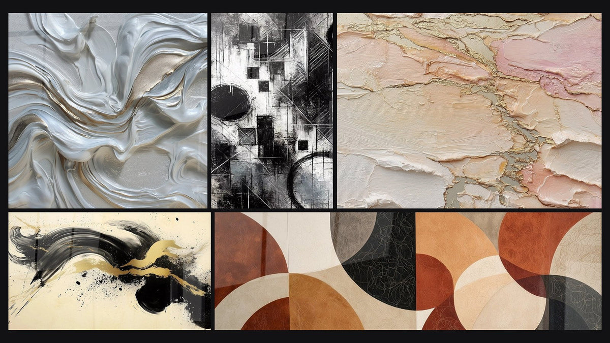Mosaic of five paintings, including Abstract swirls white pearlescent and gold and Fragments of Absolute