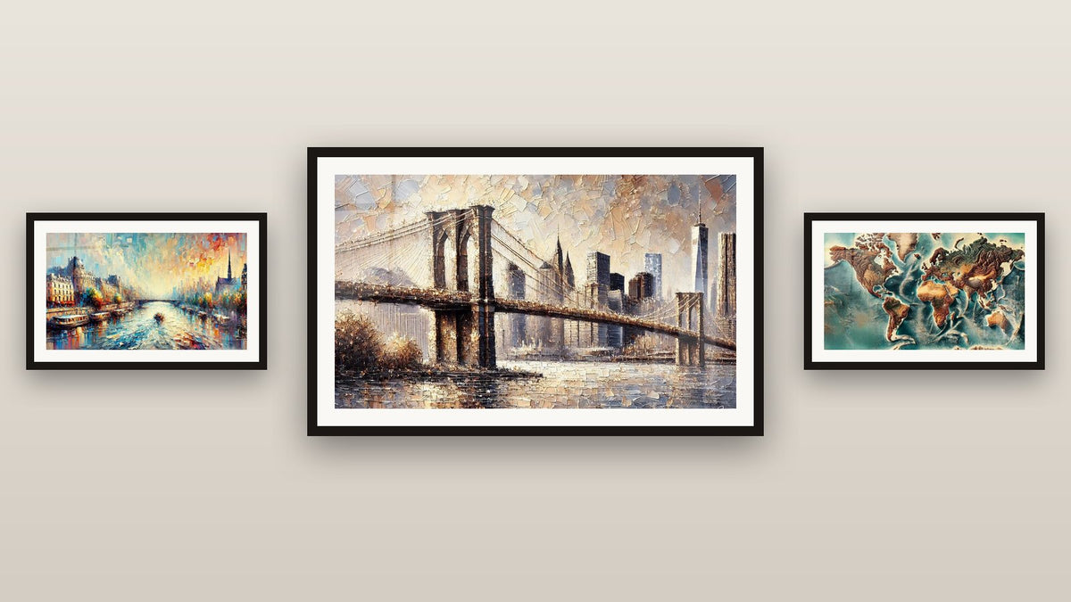 Gallery wall with three framed paintings, including World Map Wall Art N°4 and The Seine Wall Art No.1