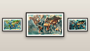 Galerijwand met drie ingelijste schilderijen, waaronder Wereldkaart Nummer 4 en Wanddecoratie Wereldkaart nr. 1