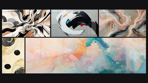 Mosaic of five paintings, including Graphical Vibrations, Dynamic Abstract and Silk Flows