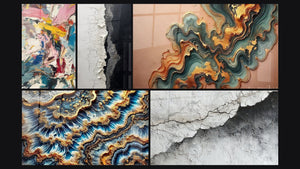 Mosaico de cinco cuadros, entre ellos Explosión de colores, Textura Agrietada Blanco y Negro y Ola de Cobre