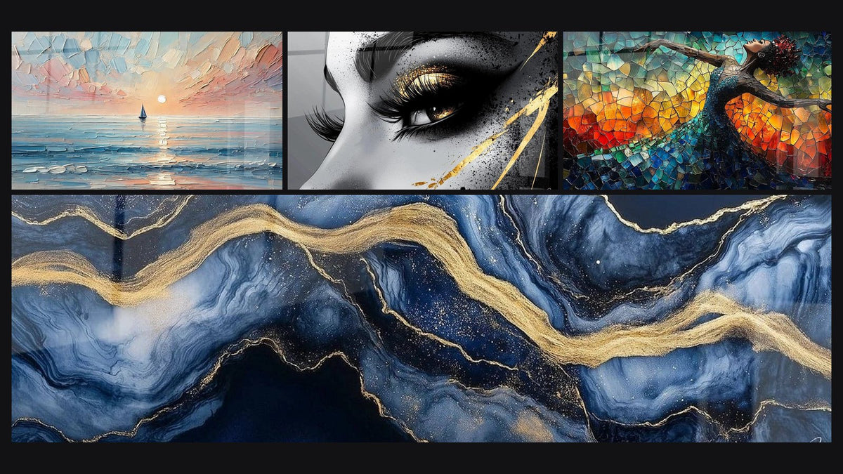 Mosaico di quattro quadri, tra cui Viaggio al Tramonto, Occhio lacrima d'oro e Danza Fuoco Liberatrice Rosso