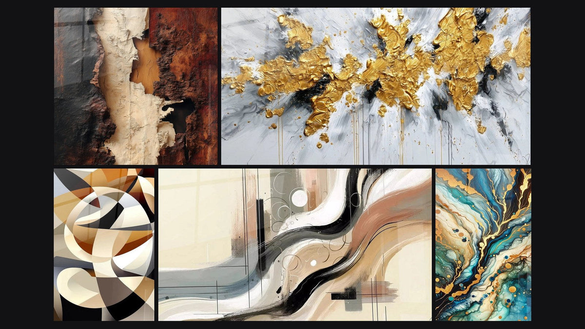 Mosaic of five paintings, including Interlaced Circular Shapes, Sillage Abstract and Mineral Labyrinth