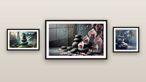 Gallery wall with three framed paintings, including Stones and Petals and Forest Balance