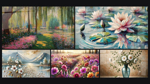 Mozaïek van vijf schilderijen, waaronder Bloembladen op het Water, Bloemen en Toppen en Zomer in Bloei