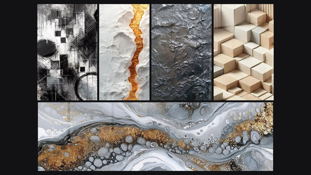 Mosaic of five paintings, including Fragments of Absolute and Textured Silver Metallic Abstract Relief