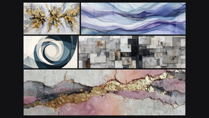 Mosaic of five paintings, including Vortex Azure and Dreamy Scrolls Periwinkle