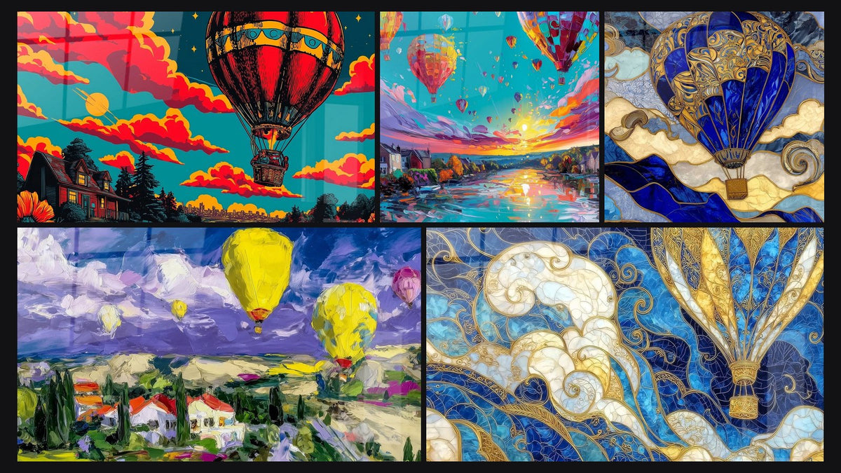 Mosaïque de cinq tableaux, dont Montgolfière vintage, Mongolfières au coucher de soleil et Montgolfière Art Nouveau
