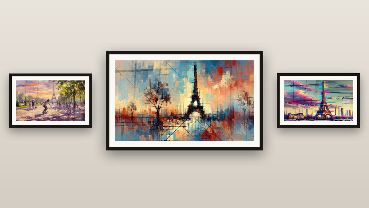 Pared de galería con tres cuadros enmarcados, entre ellos Torre Eiffel N°3 y Skateboard Torre Eiffel París