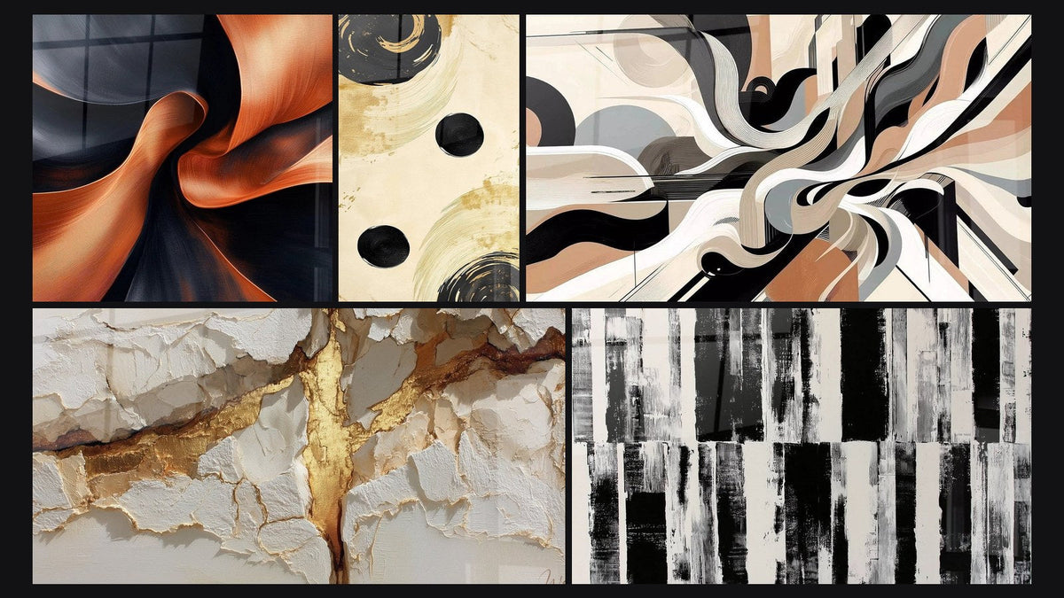 Mosaïque de cinq tableaux, dont Élan Sculptural Cuivré, Équilibre Sphère Noir et Vibrations Graphiques
