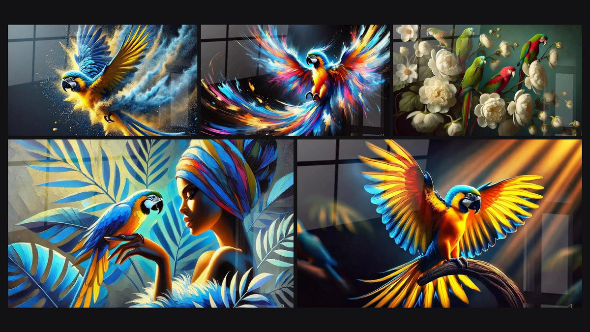 Mosaïque de cinq tableaux, dont Ailes de Saphir, Tempête de Couleurs et Jardin Exotique