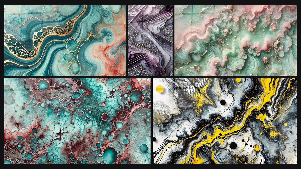 Mozaïek van vijf schilderijen, waaronder Aquarelgetijtafel, Tafel Essentie van Granaat en Kwartslamellenpaneel