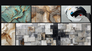 Mosaic of five paintings, including Golden Rivers, Textured Abstract Wall Art Beige and Ochre and Dynamic Abstract