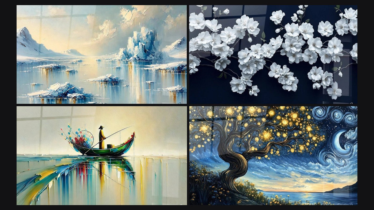 Mosaico de cuatro cuadros, entre ellos Misterios del Norte, Pescador de Colores y Flor de cerezo N°1