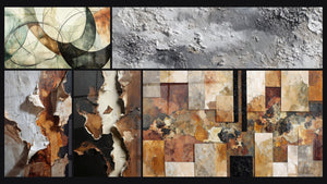 Mosaico de cinco cuadros, entre ellos Los Lazos Invisibles y Textura Abstracta Gris y Plateado Mineral