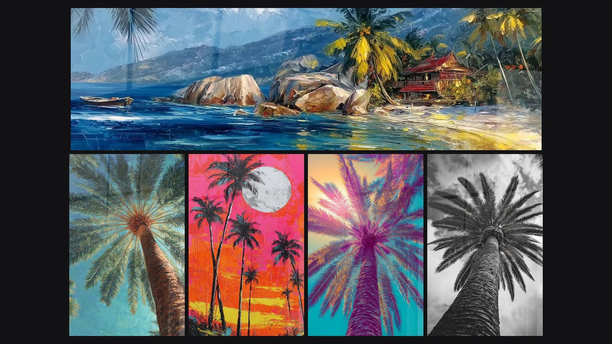 Mosaico de cinco cuadros, entre ellos Paisaje Tropical con Palmeras y Palmeras Negras Rosa y Naranja Luna Blanca