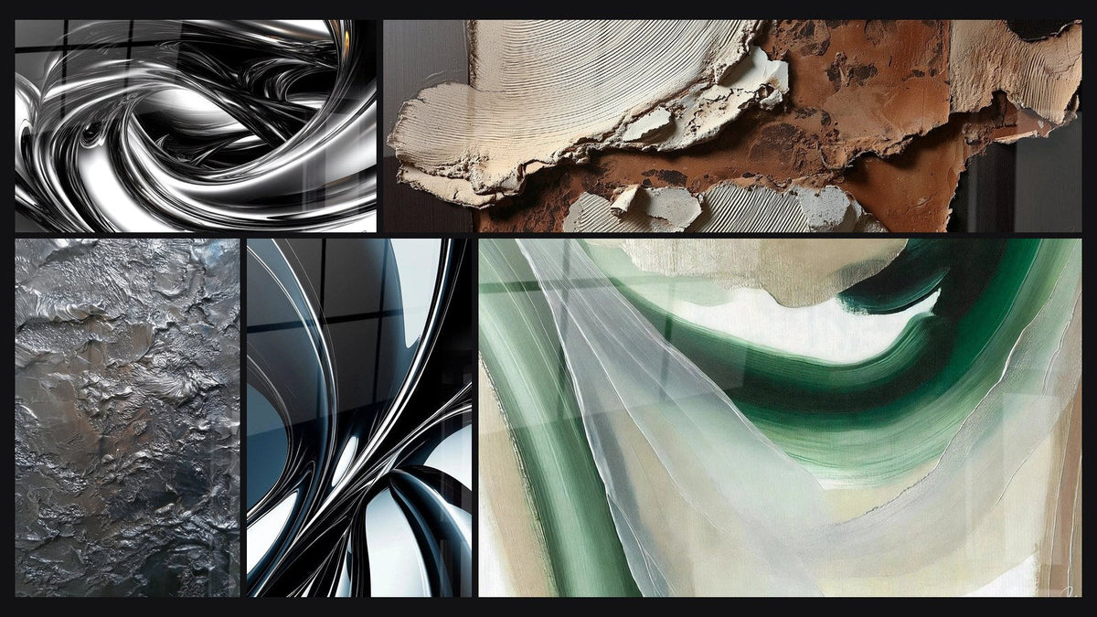 Mosaico de cinco cuadros, entre ellos Remolino metálico, Texturas abstractas tierra y blanco roto y Espiral metálico cromado