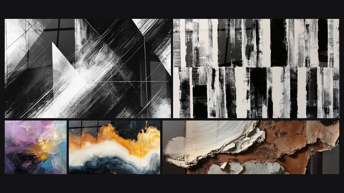 Mosaico de cinco cuadros, entre ellos Puntos de Convergencia, Explosión de colores abstracta y Marea Eterna Dorada