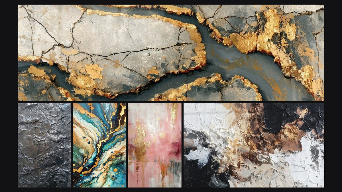Mosaico di cinque quadri, tra cui Marmo dorato con venature antracite e Labirinto Minerale