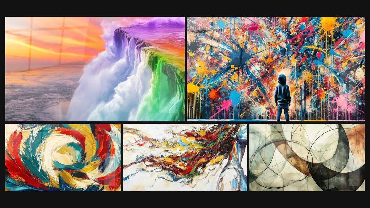 Mozaïek van vijf schilderijen, waaronder Regenboogwaterval, Cosmische Metamorfose en Moderne Muurschildering