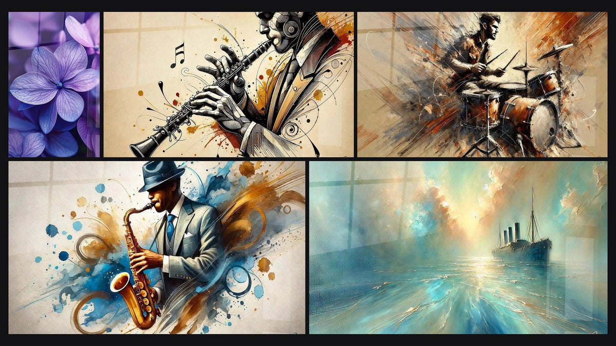 Mosaico de cinco cuadros, entre ellos Lila N°2, Clarinete N°1 y Batería N°2