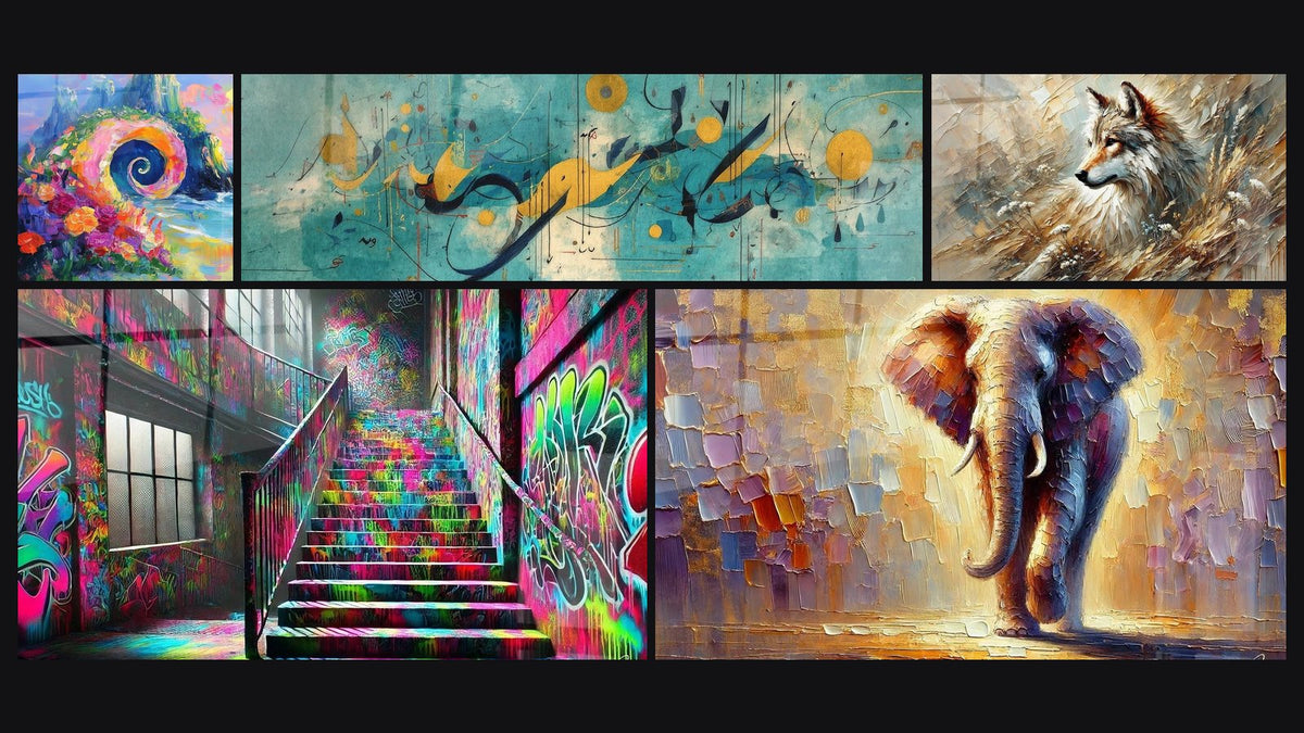 Mosaico de cinco cuadros, entre ellos Espiral marino colorido, Composición abstracta y Arte callejero N°5