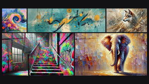 Mozaïek van vijf schilderijen, waaronder Abstracte compositie, Echo van het Woud en Colossus van Licht