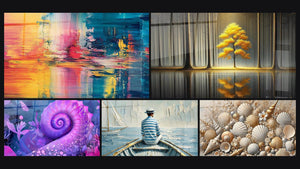 Mosaico de cinco cuadros, entre ellos Abstracto reflejos de colores, Caracol cósmico morado y El Arte del Agua