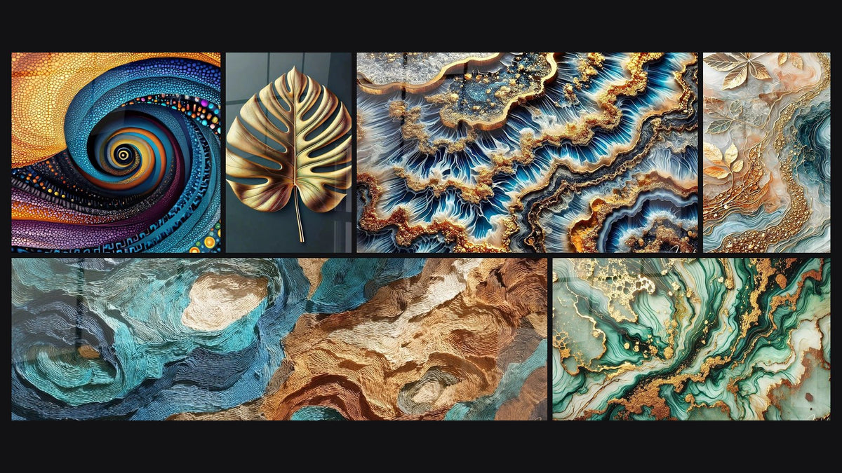 Mosaico di sei quadri, tra cui A spirale cosmica ipnotica, Delle onde oceaniche e Foglia Dorata