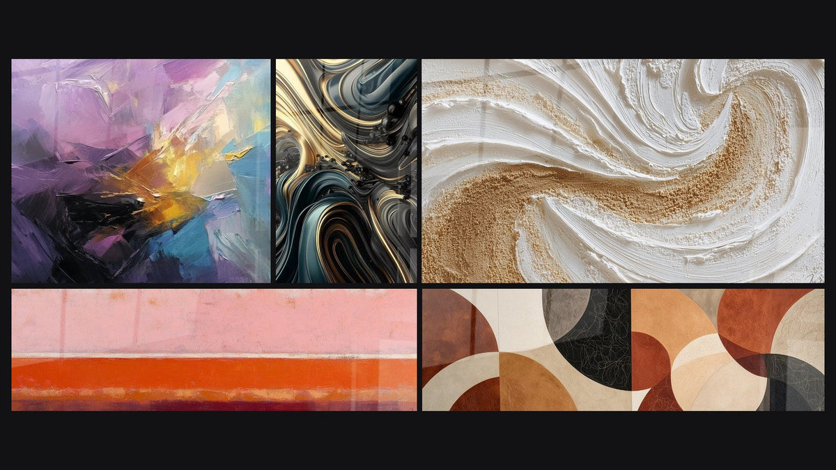 Mosaïque de cinq tableaux, dont Explosion colorée abstraite et Ondulations Opulentes
