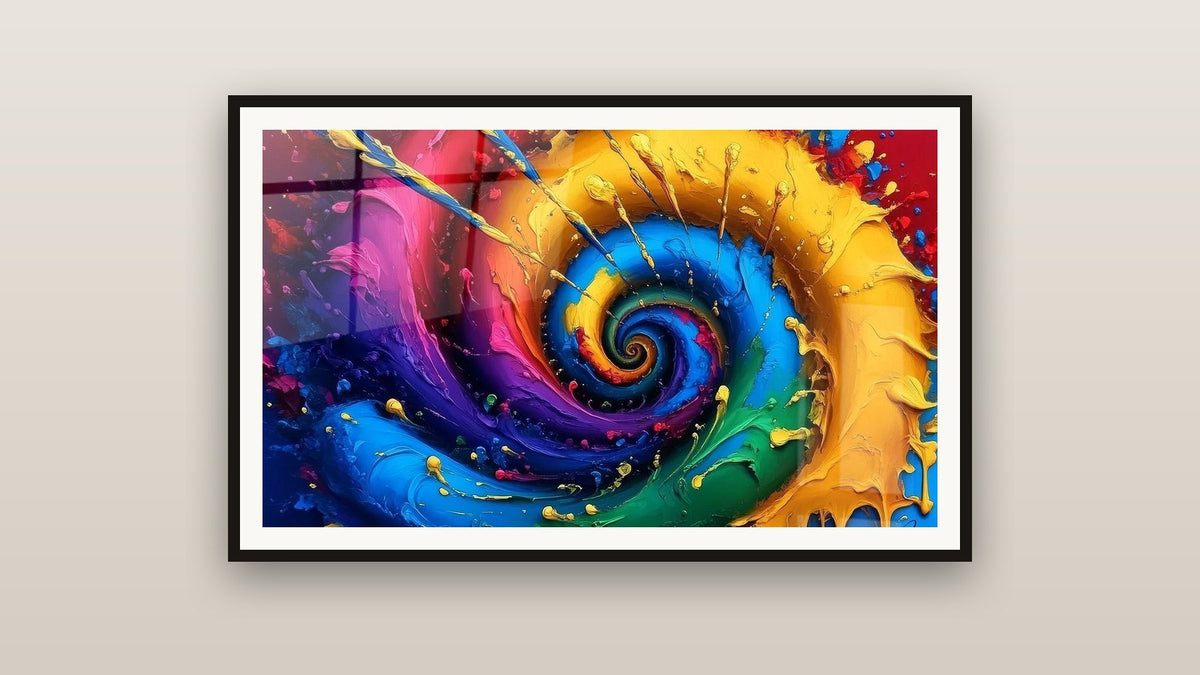 Tableau encadré sur un mur : Spirale multicolore